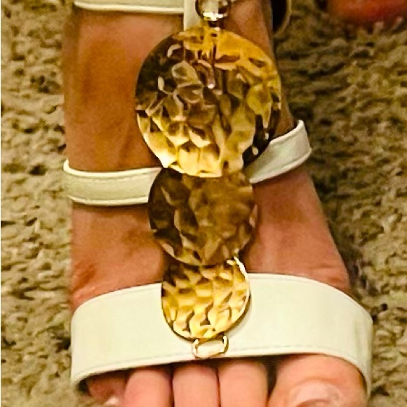 DB DK Fashion White & Tan Wedge Heels with Beautiful Gold Medallion Details! - Picture 3 of 7